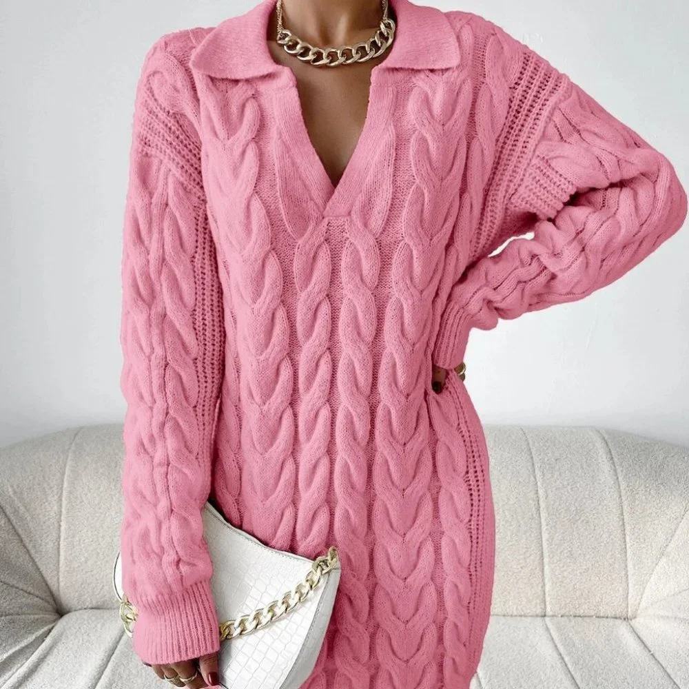 Pink Preppy Womens Cable Knit Sweater Dress - Picture 3 of 5